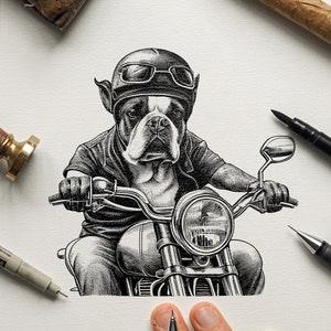 Dog Riding a Harley Davidson Vintage Illustration / Vintage Printable Art/ Black and White Design / Dog Clipart / Dog Portrait / Motorcycle image 7