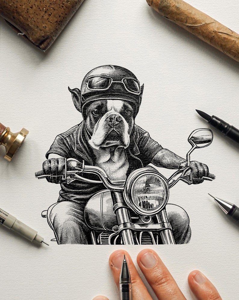 Dog Riding a Harley Davidson Vintage Illustration / Vintage Printable Art/ Black and White Design / Dog Clipart / Dog Portrait / Motorcycle image 7