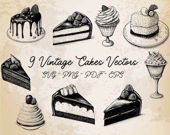 9 Cakes Collection Vintage Illustration Vector / Cake Design / Cake Clip Art / Vintage Printable Art / Black and White Cakes Set