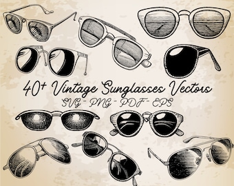 40+ Sunglasses Vintage Vector Illustrations / Black and White Sunglasses Clip Art / Vintage Printable Art / Wall Decor / Sunglasses svg
