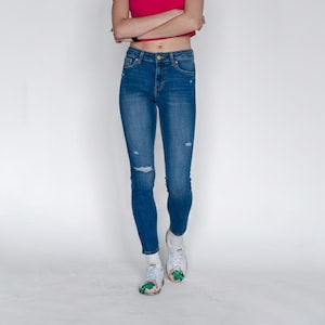 High-Waisted Distressed Skinny Jeans | Women's Stretch Denim with Ripped Knees | Casual Blue Jeans