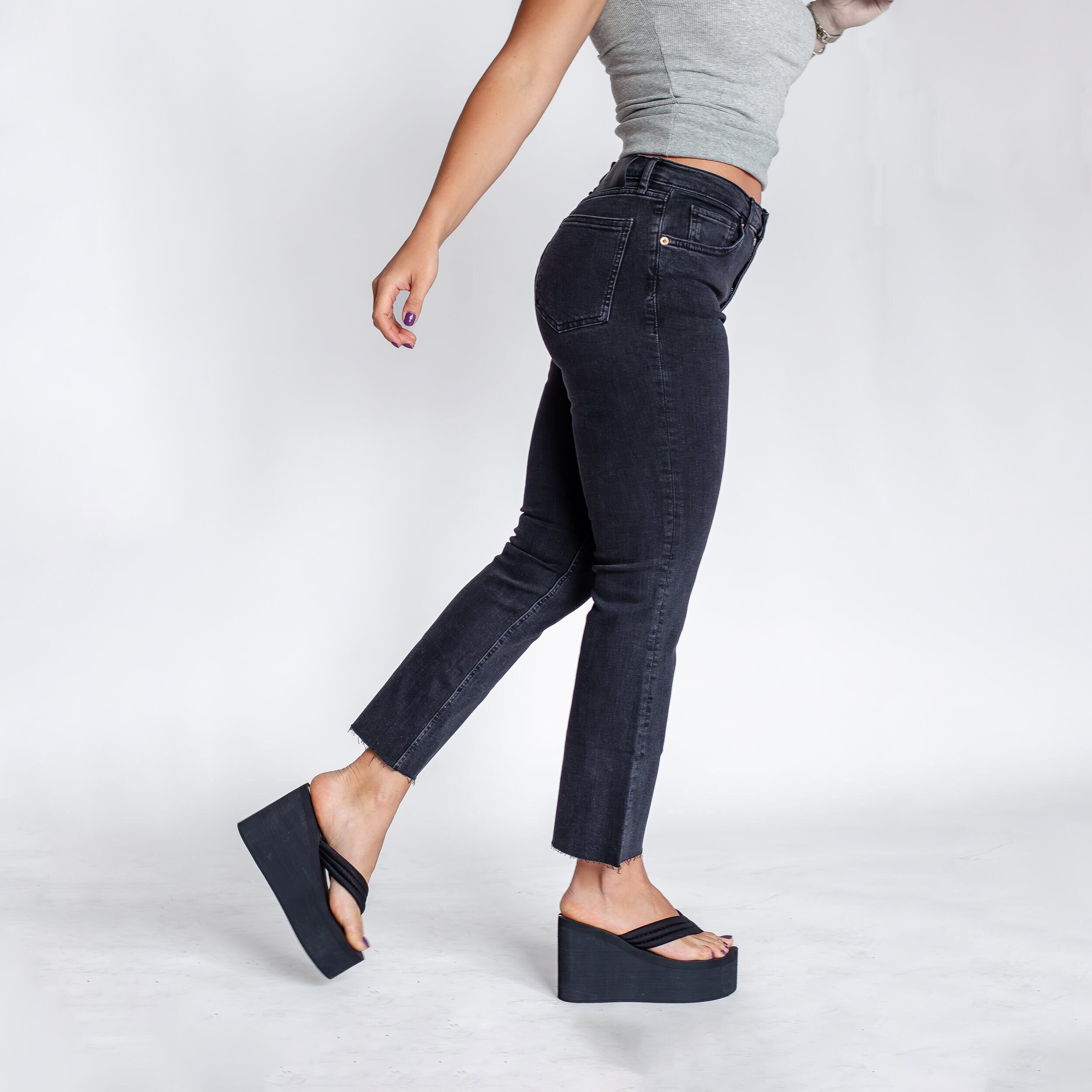 M&S Women's High Waist Boyfriend Ankle Grazer Jeans - Black Denim, Relaxed Fit, Sizes 6-20