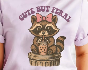 Cute But Feral Raccoon PNG, Retro Shirt Design (Digital Download)