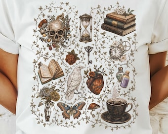 Dark Academia Collage PNG, Gothic Romance Bookish Clipart, Vintage Skull Raven Coffee Books Floral T-Shirt Design, Apothecary, Cottagecore