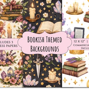 May include: Watercolor digital paper set featuring bookish themes. Includes illustrations of books, candles, crystals, fairies, mushrooms, and floral arrangements. The text reads "INCLUDES 3 SEAMLESS PAPERS" and "BOOKISH THEMED BACKGROUNDS". The paper size is 12 x 12 inches.
