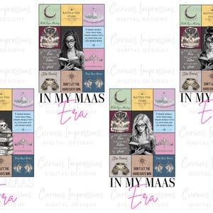 K&ouml;nnte beinhalten: Digitale Kunstdrucke mit Buchmotiven, Zitaten und Illustrationen. Die Drucke zeigen Bilder von lesenden Frauen, Totenk&ouml;pfen und Buchtiteln. Der Satz "IN MY MAAS Era" ist ebenfalls enthalten.