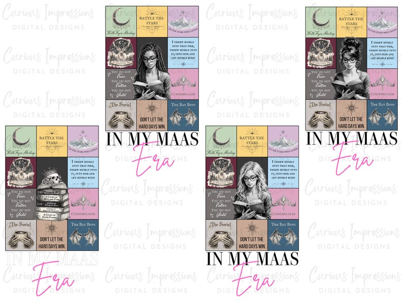 K&ouml;nnte beinhalten: Digitale Kunstdrucke mit Buchmotiven, Zitaten und Illustrationen. Die Drucke zeigen Bilder von lesenden Frauen, Totenk&ouml;pfen und Buchtiteln. Der Satz "IN MY MAAS Era" ist ebenfalls enthalten.
