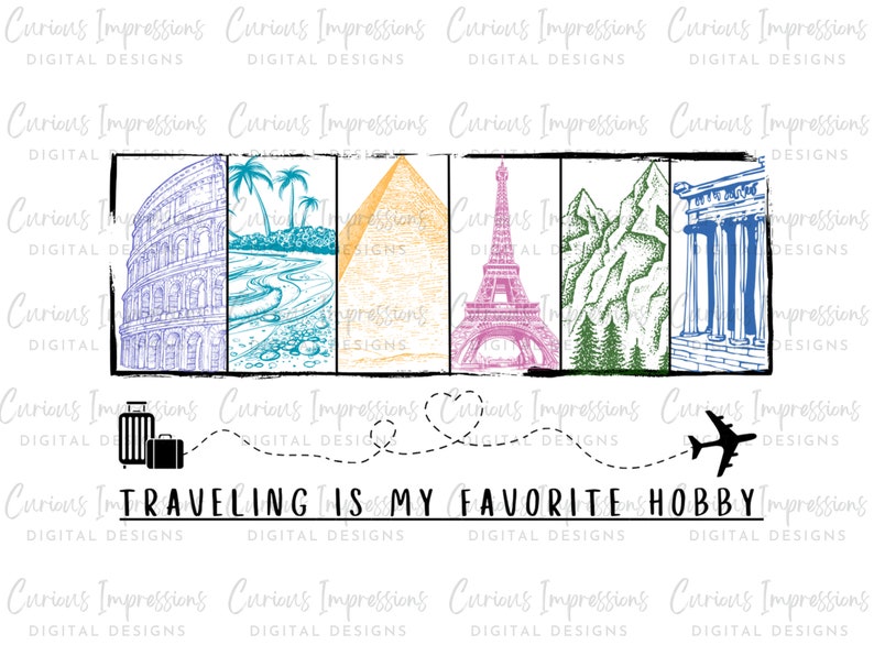 Puede incluir: Un dise&ntilde;o digital que presenta una maleta, un avi&oacute;n y varios monumentos, incluyendo el Coliseo, la Torre Eiffel, la Gran Pir&aacute;mide de Giza y la Acr&oacute;polis. El texto "TRAVELING IS MY FAVORITE HOBBY" est&aacute; escrito en una fuente estilizada.