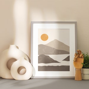 Póster Boho Wall Deco, Arte Mural Paisajista Minimalista, Boho Landscape Mountain, Beige Sun Home Decor, Beige Landscape Minimalist