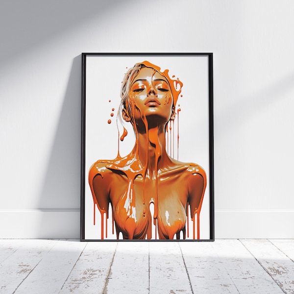 Poster Abstraktes FrauenPortrait in orange, vertikaler Print. Wohn Wandkunst, Pop Art