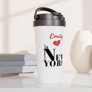 Personalized coffee mug, travel mug made of stainless steel with thermo function in New York Edition