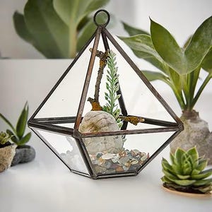 May include: Geometric terrarium with a dark metal frame and clear glass panels. Inside, a small rock, decorative pebbles, and faux greenery create a miniature garden. The terrarium has a loop at the top for hanging and is surrounded by other plants.