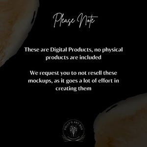 Pode incluir: Fundo preto com o texto "Please Note" em estilo manuscrito. O texto abaixo afirma que s&atilde;o produtos digitais, n&atilde;o f&iacute;sicos. A imagem tamb&eacute;m inclui o texto "Pedimos que n&atilde;o revenda estes mockups, pois d&aacute; muito trabalho cri&aacute;-los."