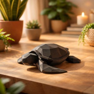 Könnte beinhalten: Eine schwarze, geometrische Holzschildkröten-Skulptur. Die Schildkröte befindet sich auf einer Holzoberfläche, Kopf und Flossen sind ausgestreckt. Die Skulptur hat ein facettiertes Design, das ihr ein modernes Aussehen verleiht. Der Hintergrund umfasst Topfpflanzen und eine brennende Kerze.