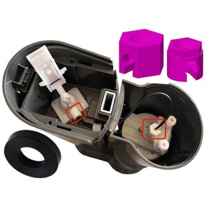 Könnte beinhalten: Eine schwarze und graue Sicherheitskamera mit einer weißen Kunststoffhalterung und zwei violetten Kunststoffteilen. Die Kamera ist geöffnet und die inneren Komponenten sind sichtbar.