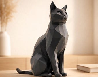 Moderne abstracte kattensculptuur | Minimalistische zwarte kattendecoratie | Laagpoly designobject voor woonkamer en plank | Cadeau-idee voor katten