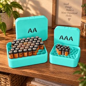 Könnte beinhalten: Zwei türkisfarbene Batterie-Aufbewahrungsboxen aus Kunststoff mit Klappdeckeln. Die größere Box ist mit AA beschriftet und enthält mehrere orange-schwarze AA-Batterien. Die kleinere Box ist mit AAA beschriftet und enthält AAA-Batterien.