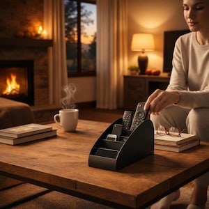 Könnte beinhalten: Ein schwarzer Fernbedienungsorganizer auf einem Holztisch. Der Organizer bietet Platz für mehrere Fernbedienungen und andere kleine elektronische Geräte. Eine Person greift nach einer Fernbedienung. Eine Tasse Kaffee und Bücher liegen ebenfalls auf dem Tisch.