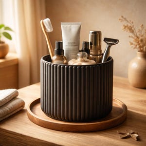 Bad-Organizer gerippt | Runder Kosmetikhalter & Make-up-Becher | Moderne Badezimmer-Aufbewahrung | Schwarz