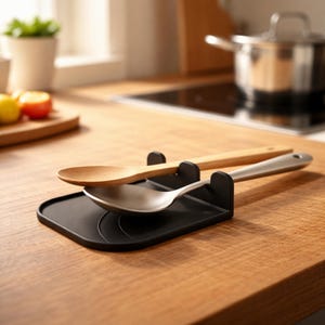 Peut inclure: Un repose-cuillère noir avec une cuillère en bois et une cuillère en acier inoxydable. Le repose-cuillère est rectangulaire avec des bords incurvés. Les cuillères reposent sur un comptoir en bois dans une cuisine.