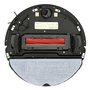 Könnte beinhalten: Die Unterseite eines schwarzen Roboter-Staubsaugers mit einer roten Bürstenrolle und einem blauen Mikrofaser-Wischmopp. Der Staubsauger hat ein Etikett mit der Aufschrift "roborock".