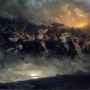 May include: A dramatic painting depicting a group of figures riding on horseback through a stormy sky. The figures are surrounded by dark clouds and ravens, and the scene is lit by a fiery sunset in the distance.