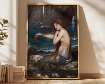 Una sirena di John William Waterhouse - Poster mitologico, stampa d'arte fantasy, stampe di Waterhouse, arte della sirena, stampa artistica, regalo di decorazione murale
