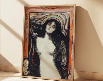 May include: A framed print of a painting depicting a woman with long flowing black hair and a sorrowful expression. The woman is nude and her body is partially obscured by her hair. The background is a vibrant red and orange with swirling lines.