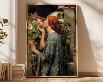 John William Waterhouse-print - vrouw met rozen - de ziel van de roos - vintage muurkunst, romantische academische wereld, vrouwelijk wanddecor
