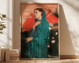 Peut inclure: Impression d'art encadrée représentant une femme en robe turquoise avec deux oiseaux rouges vifs. L'œuvre d'art a une esthétique vintage, avec une palette de couleurs chaudes et des figures détaillées. Le cadre est de couleur bois clair.