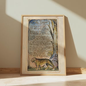 The Tyger - Poesia di William Blake - Poesia Wall Art, Stampa artistica di poesia, Regalo per gli amanti dei libri, Dark Academia, Illustrazione di tigre, Letteratura inglese antica