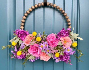 Beaded Hoop Wreath - Spring Summer Wreath - Modern Farmhouse Wreath - Mothers Day Wreath - Mantel Wreath - Wall Decor -