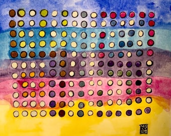 שלום ואהבה Pintura original de acuarela - Shalom v' Ahava - Cuadrícula de puntos de paz y amor 8x10