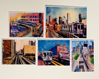 Conjunto de 5 adesivos de trem em aquarela de Chicago