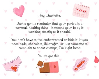 Cartão de Apoio Personalizado para o Período Menstrual | Lembrete Delicado e Personalizado para Quem Você Ama | Download Digital para Imprimir