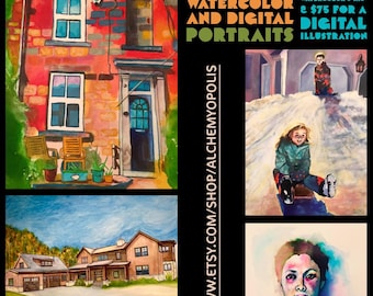 Encomendas de retratos personalizados em aquarela ou digitais – Figurativos e Arquitetônicos