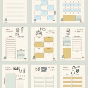 Puede incluir: Una colección de nueve páginas de planificador imprimibles con un fondo crema e ilustraciones bonitas. Las páginas incluyen un diario diario, un planificador anual, un planificador mensual, un planificador diario, un planificador semanal, un planificador de estudio, una reseña de libro, una lista de películas y una lista de deseos de viaje.