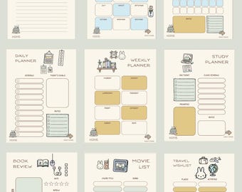 Planejador digital fofo em PDF | Estilo Miffy | Interativo, anual, mensal, semanal, diário + Estudos, Filmes, Livros, Viagens e Diário | Download instantâneo