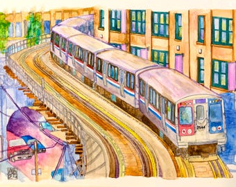 Pintura original em aquarela do trem elevado da linha L de Chicago, 20x25 cm, arte urbana do trem elevado da CTA, série de arquitetura de Chicago