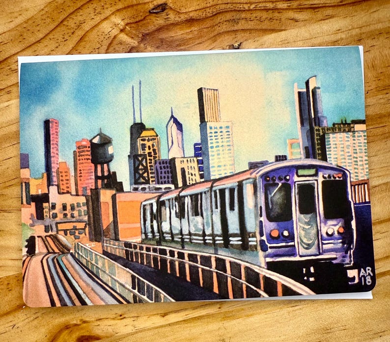 Puede incluir: Pintura a la acuarela de un horizonte urbano con un tren en primer plano. El tren es morado y blanco, y los edificios son de varios colores. El cielo es azul. La obra est&aacute; firmada "AR '18".