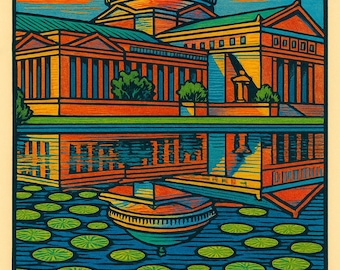 Pôster de arquitetura em estilo xilogravura moderno, impressão do Museu de Ciência e Indústria de Chicago – 20x25 cm
