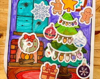 Desenho para colorir e conjunto de adesivos de Natal para crianças