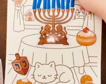 Kit de atividades com adesivos para o Hanukkah | Página para colorir aconchegante + mais de 12 adesivos | Acender velas com segurança para crianças e adultos