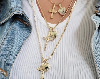 18k Gold Cross Necklace: Christian Heart Locket, Minimalist Jewelry