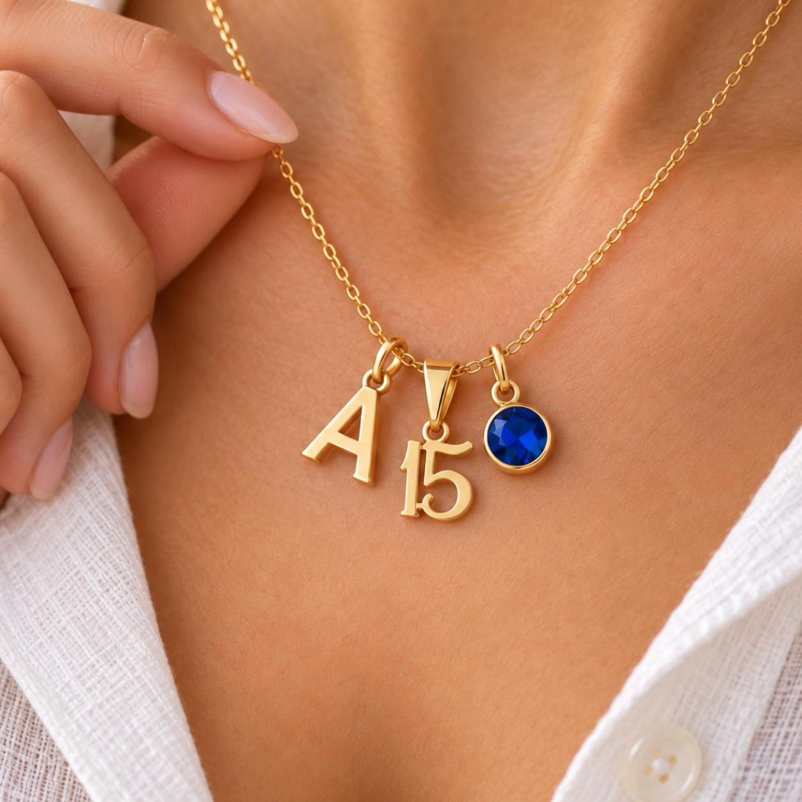 15th Birthday Necklace, Quinceañera Gift, Initial & Birthstone, 18K Gold Filled