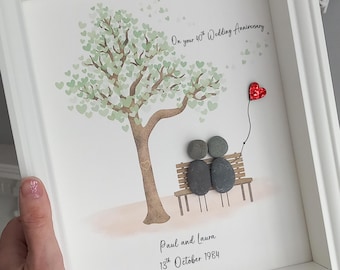 Personalised 40th Ruby Anniversary Pebble Picture - Couple on Bench with Red Glitter Heart Balloon - 25th, 30th, 50th, 60th anniversary gift