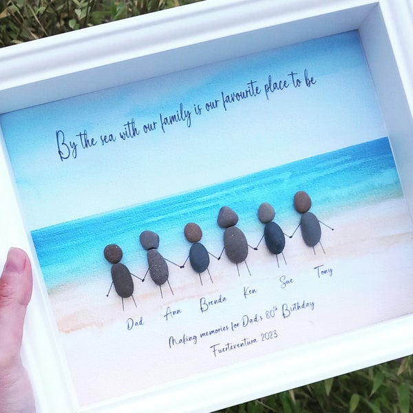 Personalised family beach pebble picture, Family seaside pebble art, Holiday keepsake frame, Family pebble art, Holiday memory gift