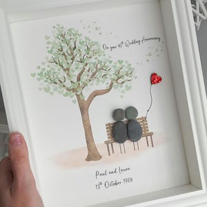 Personalised 40th Ruby Anniversary Pebble Picture - Couple on Bench with Red Glitter Heart Balloon - 25th, 30th, 50th, 60th anniversary gift