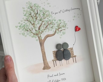 Personalised 40th Ruby Anniversary Pebble Picture - Couple on Bench with Red Glitter Heart Balloon - 25th, 30th, 50th, 60th anniversary gift