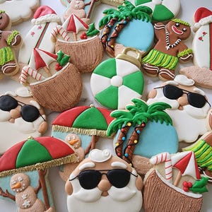 6pc Christmas in July Cookie Cutter Set - Santa Sunglasses - Palm Tree - Sand Snowman Beach Umbrella - Luau Gingerbread - Beachball Ornament